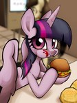 bangs burger cheese dairy_products eating eyelashes feathered_wings feathers female feral food fruit fur hair holding_food holding_object horn ketchup lettuce plant purple_body purple_eyes purple_feathers purple_fur purple_hair solo tomato vegetable wings brainr0tter friendship_is_magic hasbro my_little_pony mythology twilight_sparkle_(mlp) equid equine mammal mythological_creature mythological_equine winged_unicorn 2023 digital_media_(artwork) hi_res