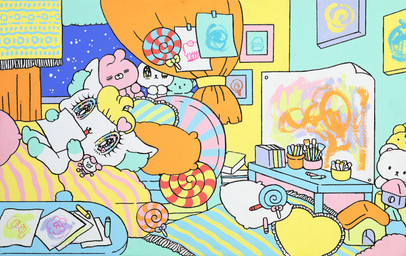 accessory alternative_fashion ambiguous_gender anthro bangs bed blonde_hair brush candy chibi crayon curtains dessert detailed_background dollhouse drawing_(object) drawing_in_a_drawing eyelashes fairy_kei food furniture glistening glistening_eyes gloves_(marking) hair hair_accessory hairclip heart_symbol inner_ear_fluff j-fashion kemono leg_markings lollipop markings nude on_bed on_model paintbrush painting_(object) paper paws picture_frame pillow plushie pointy_ears prick_ears round_ears rug socks_(marking) solo superflat tail tail_tuft teddy_bear tuft white_body window yurie_sekiya peropero_sparkles rue_(peropero_sparkles) alien domestic_cat felid feline felis mammal 2020 absurd_res colorful_theme digital_drawing_(artwork) digital_media_(artwork) hi_res official_art pastel_theme traditional_media_(artwork)