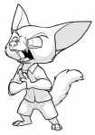3_toes 4_fingers anthro barefoot big_ears big_eyes big_head biped bottomwear canid canine claws clothed clothing disney feet fennec_fox fingers finnick_(zootopia) fist fist_in_palm fox fully_clothed greyscale male mammal monochrome open_mouth raised_tail secoh2000 shirt shorts simple_background solo standing tail toes tongue toony topwear true_fox white_background zootopia