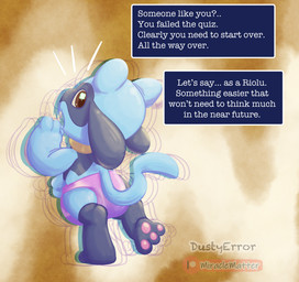 age_regression diaper paws solo teasing text transformation dustyerror nintendo pokemon canid canine canis domestic_dog generation_4_pokemon jackal mammal pokemon_(species) riolu wolf absurd_res english_text hi_res