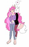 anthro biped black_clothing blue_clothing clothing duo eyelashes eyes_closed female fur hair happy heart_symbol huge_hair long_hair multicolored_hair paws pink_body pink_clothing pink_ears pink_fur pink_hair pink_tail purple_clothing smile tail two_tone_hair two_tone_tail white_body white_ears white_fur white_tail puppkittyfan1 magna_(puppkittyfan1) tammy_(puppkittyfan1) canid canine canis fox mammal maned_wolf wolf 5:8 hi_res trans_(lore) trans_woman_(lore)