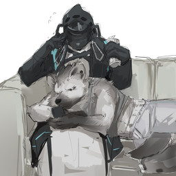 anthro duo ear_piercing electronics eyebrow_piercing faceless_character faceless_human facial_piercing fur furniture grey_body grey_fur harir holding_object holding_phone looking_at_object looking_at_phone lying male mask on_sofa phone piercing sitting sofa tail w_a_t_e_r_b_e_d arknights hypergryph studio_montagne doctor_(arknights) spot_(arknights) human hyena mammal spotted_hyena 2025 hi_res sketch