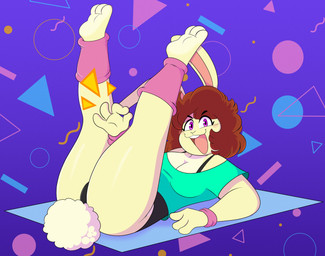 3_toes 4_fingers ankle_warmers anthro athletic_wear barefoot breasts brown_hair butt cleavage clothed clothing exercise feet female fingers fur gesture hair hand_gesture leg_warmers legs_up legwear leotard looking_at_viewer lying ok_sign on_back open_mouth open_smile oversized_clothing oversized_topwear purple_eyes smile soles solo thick_thighs toes topwear workout workout_clothing wristband yoga_mat kabula_(artist) lagomorph leporid mammal rabbit absurd_res digital_media_(artwork) hi_res