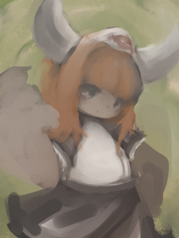 3_fingers anthro bangs black_lips black_nose blue_eyes bottomwear brown_bottomwear brown_clothing clothing eyelashes featureless_chest female fingers hair horn kemono lips long_hair looking_forward orange_hair pupils raised_arm shoulder_guards solo standing hasukii jiu_(hasukii) unknown_species 3:4