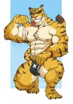 anthro big_bulge big_muscles blue_background blue_eyes bodily_fluids bulge clothing condom cum genital_fluids looking_at_viewer male muscular nipples pubes sexual_barrier_device simple_background smile solo speedo swimwear white_background kounfuyu morenatsu torahiko_(morenatsu) felid mammal pantherine tiger 2020 hi_res