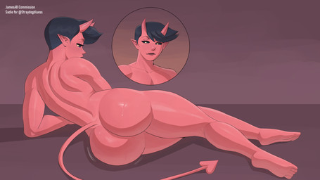 bedroom_eyes big_butt black_sclera bodily_fluids bubble_butt butt curved_horn female glistening glistening_butt hair half-closed_eyes horn humanoid_pointy_ears narrowed_eyes nude pointy_ears red_body red_skin seductive short_hair smile smirk smooth_skin smug smug_face solo spade_tail sweat sweaty_butt tail jamesab sadie_(straydogbluess) demon demon_humanoid humanoid 16:9 hi_res widescreen