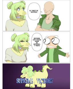 anthro blue_eyes choker duo female green_body green_hair green_scales hair jewelry male necklace scales spiked_tail spikes spikes_(anatomy) tail text puffycrow cavemanon_studios goodbye_volcano_high ko_op_(game_developer) snoot_game anon_(snoot_game) stella_(gvh_beta) dinosaur human mammal ornithischian prehistoric_species reptile scalie stegosaurian stegosaurus thyreophoran absurd_res comic hi_res meme spanish_text translated