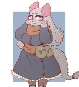 2_horns accessory anthro belt belt_pouch big_eyes blue_eyes blue_pupils blush blush_lines brown_belt brown_clothing brown_footwear brown_scarf claws clothed clothing digitigrade dress eyebrows eyelashes female finger_claws floppy_ears footwear front_view fully_clothed fur furgonomics geometric_background grey_body grey_clothing grey_dress grey_fur hand_on_face hands_on_own_face horn looking_at_viewer lop_ears open_:3 open_mouth open_smile pink_horn pink_nose pouches pupils ringed_eyes scarf simple_background smile solo standing tail tail_accessory tailband three-quarter_view moogers furred_scalie scalie 2024 digital_media_(artwork) flat_colors full-length_portrait hi_res portrait