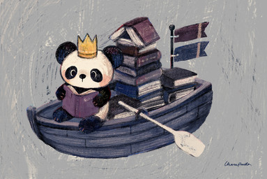 anthro biped black_body black_eyes black_nose boat book chibi crown headgear reading sitting solo vehicle watercraft white_body araru bear giant_panda mammal 2022
