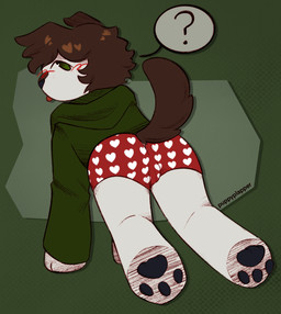 anthro brown_hair bulge butt butt_focus clothed clothing confusion hair heart_clothing heart_symbol heart_underwear innocence male partially_clothed paws presenting presenting_hindquarters simple_background solo speech_bubble tail tongue tongue_out underwear white_body young young_anthro young_male puppyplapper andy_(puppyplapper) canid canine canis domestic_dog mammal hi_res
