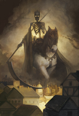 ambiguous_gender bone christian_cross christian_symbol city cityscape cross crucifix detailed_background dome_roof duo feral glowing glowing_eyes grey_body harness holding_melee_weapon holding_object holding_polearm holding_scythe holding_weapon hood horseback_riding melee_weapon not_furry outside polearm reins religion religious_symbol renaissance_architecture riding_horse scythe skeleton text timber_framed_architecture weapon wearing_crown julie_dillon christianity death_(personification) grim_reaper animated_skeleton equid equine horse humanoid mammal undead english_text hi_res restricted_palette