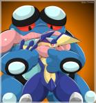 amphibian anthro duo female generation_5_pokemon generation_6_pokemon greninja hi_res larger_male long_tongue male navel nintendo pokemon pokemon_(species) seismitoad size_difference smaller_female thick_thighs tongue tongue_out type