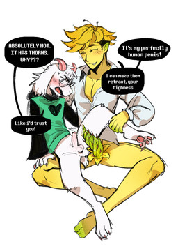 anthro balls botanical_genitalia duo erection eyewear floral_genitalia flower foreskin genitals glasses humanoid_genitalia humanoid_penis imminent_sex male male/male pawpads penis plant text thorny_penis unusual_anatomy unusual_genitalia unusual_penis wearing_glasses mercurialcrown deltarune undertale_(series) flowery_(deltarune) ralsei bovid caprine darkner elemental_creature elemental_humanoid flora_fauna flower_creature flower_humanoid humanoid mammal plant_humanoid english_text hi_res