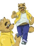 anthro biped blush bottomwear brown_body brown_fur camera clothing eyewear fur glasses humanoid_hands kemono male pants shirt simple_background slightly_chubby solo topwear white_background 4_ira morenatsu kounosuke_(morenatsu) canid canine mammal raccoon_dog tanuki 2013 3:4