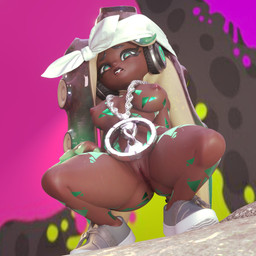 big_butt breasts butt butt_from_the_front clothing crouching curvy_figure dark_body dark_skin dutch_angle electronics female footwear footwear_only genitals green_eyes hair headphones highlights_(coloring) humanoid_genitalia humanoid_vulva jewelry kerchief long_hair looking_at_viewer low-angle_view mostly_nude necklace nipples nude pattern_background pseudo_hair shoes shoes_only simple_background solo spread_legs spreading tentacle_hair tentacles thick_thighs vulva butterdubious nintendo splatoon marina_(splatoon) animal_humanoid aquatic aquatic_humanoid cephalopod cephalopod_humanoid humanoid mollusk mollusk_humanoid octarian octoling 1:1 3d_(artwork) digital_media_(artwork) hi_res