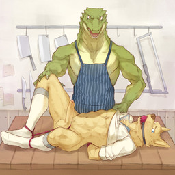 abs anthro anthro_on_anthro apron apron_only ball_gag balls bdsm blue_eyes bondage bottomless bound brown_nose cleaver_(knife) clothed clothing countershading cutlery dominant dominant_male duo erection footwear foreskin gag gagged genitals green_body green_scales grin hand_on_knee hand_on_leg hands_behind_back hands_tied humanoid_genitalia humanoid_penis implied_cannibalism interspecies kitchen kitchen_knife kitchen_utensils knife legwear looking_at_viewer lying male male/male melee_weapon mostly_nude muscular muscular_male navel nipples on_back partially_retracted_foreskin penis pupils raised_clothing raised_shirt raised_topwear restrained saw scales shirt slit_pupils smile socks spread_legs spreading submissive submissive_male tools topwear weapon white_clothing white_shirt white_topwear pngx canid canine canis crocodile crocodilian domestic_dog mammal reptile scalie 1:1 hi_res