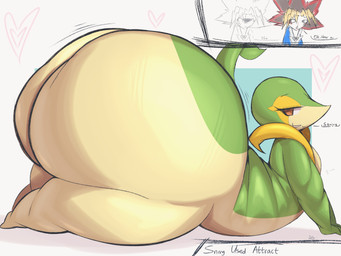 ambiguous_gender anthro ass_crack bedroom_eyes big_butt blood bodily_fluids brown_eyes butt feet female flat_chested green_body group heart_symbol huge_butt humor hyper hyper_butt lying male male/female multicolored_body narrowed_eyes nosebleed on_front plant prone_position seductive short_stack simple_background small_feet tail teasing trio two_tone_body yellow_body lightmizano death_battle nintendo pokemon yu-gi-oh! yugi_muto elemental_creature flora_fauna generation_5_pokemon pokemon_(species) snivy 4:3 hi_res