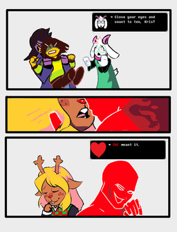 angry anthro big_ears blonde_hair bottomwear clothing cuckold female freckles group hair heart_symbol jacket kissing lipstick makeup male male/female pants robe scarf shirt soul tail text topwear deltarune fantastic_four marvel undertale_(series) kris_dreemurr noelle_holiday ralsei susie_(deltarune) animate_inanimate human humanoid mammal soul_(undertale) comic english_text hi_res