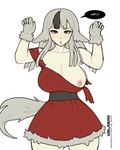 animal_ears animal_tail areola big_breasts black_highlights blush blush_lines breasts brown_eyes cleavage clothed clothing dialogue dress eyelashes female front_view gloves grey_clothing grey_gloves grey_hair grey_handwear hair handwear highlights_(coloring) huge_breasts long_hair nipples one_breast_out open_mouth pale_skin pink_areola pink_nipples raised_arms red_clothing red_dress simple_background solo speech_bubble text thick_thighs white_background wide_hips redvenus fire_emblem_fates velouria animal_humanoid canid canid_humanoid canine canine_humanoid humanoid mammal mammal_humanoid wolf_humanoid 4:5 hi_res