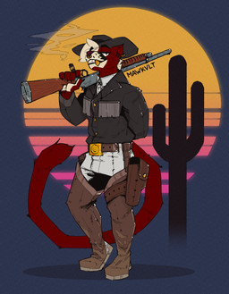 anthro belt belt_buckle belt_pouch boots bottomwear buckle cactus cigar cigar_smoke clothing cowboy cowboy_boots cowboy_hat cowboy_outfit denim denim_bottomwear denim_clothing ears_up facial_piercing footwear fur gold_(metal) gold_tooth gun hair hat headgear headwear holding_cigar holding_gun holding_object holding_ranged_weapon holding_shotgun holding_weapon jacket jeans long_tail looking_at_viewer male nose_piercing nose_ring pants piercing plant ranged_weapon red_body red_fur ring ring_piercing shirt shoes shotgun smile smiling_at_viewer smoke solo standing tail topwear weapon white_hair mawkvlt absurd_res hi_res