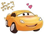 ambiguous_gender car dialogue heart_symbol looking_at_viewer machine not_furry simple_background solo talking_to_viewer text vehicle white_background windshield_eyes wugi cars_(disney) disney pixar cruz_ramirez animate_inanimate dire_car dire_machine dire_vehicle living_car living_machine living_vehicle 2020 english_text hi_res female_(lore)