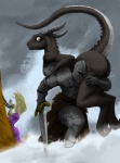 angry armor big_butt black_body bound butt chain confusion dragon female group hattonslayden headgear helmet horn human knight lay_the_dragon male mammal melee_weapon meme mythological_creature mythological_scalie mythology role_reversal scalie sword tail warrior weapon