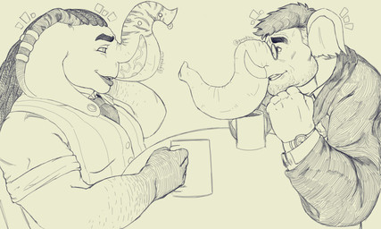5_fingers age_difference anthro biceps black_hair business_suit clock clothed clothing conversation_without_dialog dreadlocks duo ear_piercing eyebrows eyewear facial_hair facial_piercing fingers five_o'clock_shadow glasses hair happy long_sleeves male mature_anthro mature_male muscular muscular_anthro muscular_male necktie nose_piercing nose_ring older_anthro older_male piercing proboscis_(anatomy) ring_piercing scrimshaw simple_background smile stubble suit thick_eyebrows topwear trunk_(anatomy) tusks vest watch wrinkles younger_anthro younger_male goopdraw bartholomew_martins che'doro_(ur_irrelephant) elephant elephantid mammal pachyderm proboscidean 2021 5:3 digital_drawing_(artwork) digital_media_(artwork) hi_res monochrome sketch watermark