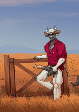 animal_genitalia animal_penis anthro balls big_penis bottomless bottomless_anthro bottomless_male clothed clothing cowboy cowboy_hat equine_genitalia equine_penis erection fur genitals hair hand_on_balls hat headgear headwear horn looking_at_viewer male outside penis shirt smile solo standing tail topwear lorenzobrezo bovid bovine cattle equid equine mammal digital_media_(artwork)