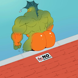 anthro back_muscles big_butt big_hands big_muscles brick butt clothed clothing eyebrows glistening glistening_butt green_body huge_butt looking_at_back male muscular muscular_anthro muscular_male nude orange_butt shirtless shirtless_anthro shirtless_male sign small_head solo swimming_pool topless warning water yellow_eyes treekster dreamworks the_bad_guys mr._piranha_(the_bad_guys) aquatic characiform fish piranha_(fish) serrasalmid 1:1 2022 hi_res