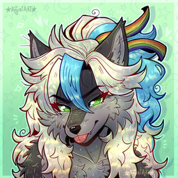 anthro blep blonde_hair blue_hair chest_tuft eyebrows female green_eyes hair inner_ear_fluff long_hair looking_at_viewer makeup mascara ribbons solo tongue tongue_out tuft wolfcut aguri saraa canid canine canis mammal wolf 1:1 hi_res