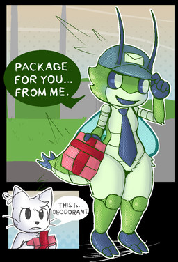 2_panel_comic 2_toes 5_fingers accessory ambiguous_gender antennae_(anatomy) anthro arthropod_abdomen big_eyes black_body black_border black_exoskeleton black_necktie black_nose black_sclera black_tongue blush border box breasts clothing container delivery_(commerce) delivery_employee dialogue duo emanata exoskeleton featureless_crotch feet female female/ambiguous fingers flash_emanata fur furgonomic_headwear furgonomics gift gloves_(marking) grass green_body green_exoskeleton grey_clothing grey_hat grey_headwear hat headgear headwear holding_box holding_container holding_gift holding_object humor insect_wings interspecies leg_markings markings mostly_nude multicolored_body multicolored_exoskeleton necktie open_mouth open_smile outline outside plant postal_carrier postal_delivery small_breasts smile socks_(marking) speech_bubble standing talking_to_another text thick_thighs toes tongue whiskers white_body white_eyes white_fur white_outline wide_hips wings lizardfungus cc-by-nc-nd creative_commons malina_skye arthropod domestic_cat felid feline felis hawk_moth insect lepidopteran mammal moth pellucid_hawk_moth 2025 aliasing binary_drawing comic digital_drawing_(artwork) digital_media_(artwork) english_text hi_res shaded
