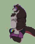 anthro big_bulge biped bottomwear bulge chest_tuft clothed clothing detailed_bulge dolphin_shorts fangs fur horn looking_down male male_anthro meme_pose musclegut muscular muscular_anthro muscular_male nipples rainbow shorts simple_background solo teeth tuft underwear whiskers higgsfigs mythology tight_pants_(meme) lucky_(luckyderg) akita canid canine canis domestic_dog dragon furred_dragon furred_scalie hybrid mammal mythological_creature mythological_scalie scalie spitz digital_media_(artwork) hi_res meme