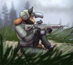 anthro armor battle_rifle black_body black_fur body_armor brown_body brown_fur clothing face_shield forest fur gloves grass gun handwear headgear helmet male mask outside plant raining ranged_weapon red_eyes rifle scope sitting solo tree trigger_discipline weapon thony_dog escape_from_tarkov nintendo pokemon canid canine generation_4_pokemon lucario mammal pokemon_(species)