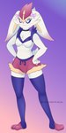 accessory anthro blue_eyes blush bottomwear bow_(feature) bow_accessory bow_ribbon breasts choker clothing featureless_breasts female fur hair_accessory hair_bow hair_ribbon hands_on_hips jewelry legwear necklace paws purple_background ribbons shorts simple_background small_breasts solo thigh_highs white_body white_fur lavenderaraliya nintendo pokemon ella_(lavenderaraliya) cinderace generation_8_pokemon lagomorph leporid mammal pokemon_(species) 2020 absurd_res hi_res signature