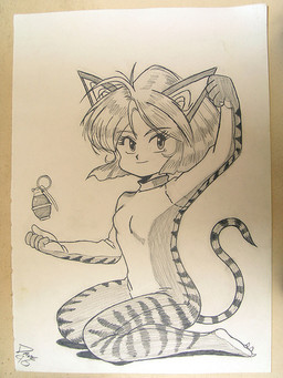 claws explosives female grenade kneeling simple_background solo tail weapon white_background unknown_artist gunsmith_cats minnie_may_hopkins felid mammal 1996 3:4 grandfathered_content low_res monochrome
