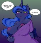 2017 absurd_res anthro anthrofied big_breasts blue_body blue_feathers blue_hair blush breasts clothed clothing color_edit colored dialogue digital_media_(artwork) english_text equid equine feathered_wings feathers female forced_to_expose_self friendship_is_magic glacierclear gradient_background hair half-closed_eyes hasbro hi_res horn huge_breasts hypnosis long_hair mammal master mind_control my_little_pony mythological_creature mythological_equine mythology narrowed_eyes nipples one_breast_out ownership princess_luna_(mlp) simple_background solo speech_bubble submissive submissive_female text third-party_edit undressing winged_unicorn wings