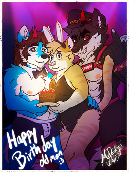 anthro birthday birthday_cake bow_tie boxer_briefs bracelet briefs bunny_costume cake candle clothed clothing costume crossdressing dessert food fur group jewelry male male/male orange_body orange_fur partially_clothed playboy_outfit spiked_bracelet spikes straps trio underwear mrdarknesswolf chuck_(p_rindustries) dantalos mrdarknesswolf_(character) canid canine canis demon domestic_cat felid feline felis hybrid mammal wolf 3:4 hi_res