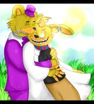 2016 5_fingers absurd_res aggablaze alternate_universe animatronic anthro bear bent_arm black_bars black_clothing black_eyebrows black_nose black_shirt black_topwear blonde_hair blue_sky bottomwear bow_tie brown_bottomwear brown_clothing brown_pants cheek_tuft clothing cloud coat colored day digital_drawing_(artwork) digital_media_(artwork) dress_shirt duo exposed_endoskeleton eyebrows eyes_closed facial_scar facial_tuft fingers five_nights_at_freddy's five_nights_at_freddy's_3 fredbear_(fnaf) fredbear_college fredbear_fazbear fur grass hair hand_on_chest happy hat headgear headwear hi_res hug hugging_from_behind interspecies lab_coat lagomorph leporid letterbox light light_beam long_ears looking_at_another love machine male male/male mammal multicolored_body multicolored_fur notched_ear one_eye_closed open_mouth outside pants plant purple_bow_tie purple_clothing purple_suit purple_top_hat rabbit robot romantic romantic_couple scar scottgames shaded shirt short_hair sky smile smiling_at_each_other smiling_at_partner spring_seymourson springtrap_(fnaf) standing suit sun sunbeam sunlight teeth top_hat topwear tuft white_lab_coat wobbly_mouth yellow_body yellow_eyes yellow_fur yellow_inner_ear