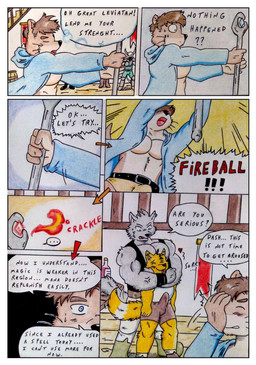 alcohol anthro aroused aroused_by_another aroused_face aroused_male aroused_smile bandits barazoku barrel beverage biceps black_clothing black_jacket black_nose black_topwear blue_clothing blue_topwear blush blush_lines bottomwear brown_body brown_fur brown_hair bulge clothed clothing comic_panel dialogue erection eyes_closed facepalm fail failed_attempt fantasy fire fur furniture hair holding_object hug hugging_another hugging_from_behind humor jacket looking_pleasured magic magic_user male manly medieval medieval_clothing medieval_fantasy musclegut muscular muscular_anthro muscular_male open_clothing open_mouth pecs spell staff surprised tail tavern tavern_background text thick_arms topwear underwear weapon yellow_body yellow_fur dashthefox dashfox kai_(dash_fox) canid canine canis fox mammal mustelid otter wolf absurd_res comic english_text hi_res traditional_media_(artwork)