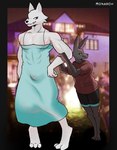 anthro clothed clothing crossdressing duo male male/male muscular size_difference smaller_male monarch_com canid canine canis mammal wolf hi_res