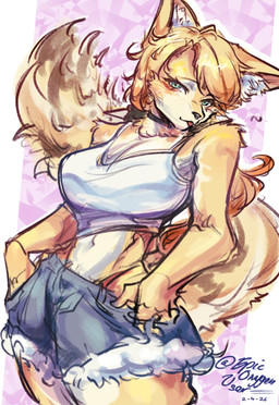 anthro arm_tuft big_breasts blep blonde_hair bottomwear breasts choker clothing crop_top denim denim_bottomwear denim_clothing denim_shorts eyebrows eyelashes female fur green_eyes hair hand_in_pocket inner_ear_fluff jewelry midriff necklace pockets shirt shorts shoulder_tuft solo tongue tongue_out topwear tuft white_body white_fur yellow_body yellow_fur epicoxygenuser mihoyo zenless_zone_zero pulchra_fellini felid feline felis mammal sand_cat thiren 2026 hi_res