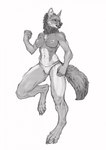 anthro athletic athletic_anthro athletic_female bared_teeth breasts cheek_tuft chest_tuft claws clothed clothing digitigrade dipstick_tail facial_tuft female finger_claws inner_ear_fluff markings muscle_tone muscular muscular_anthro muscular_female neck_tuft nipples one_leg_up panties pecs pecs_with_breasts raised_leg simple_background solo standing tail tail_markings teeth toe_claws topless topless_anthro topless_female tuft underwear whisker_spots silgiriya_mantsugosi anya_(nightbou) canid canine canis mammal wolf 2021 full-length_portrait hi_res monochrome portrait shaded