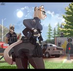 anthro aspen_tree black_bars bullet_hole butt car clock clothing cloud eyewear female female_focus glasses grass gun handgun holding_gun holding_handgun holding_object holding_pistol holding_ranged_weapon holding_stopwatch holding_weapon holster male mountain outside pistol plant police police_uniform ranged_weapon shooting_range sky stopwatch sun target_practice tree uniform vehicle watch weapon year hinget lada canis_wulfen valerie_(grizzlygus) canid canine canis cougar felid feline mammal wolf 2022 artist_name hi_res watermark widescreen