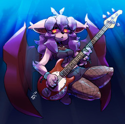 anthro bass_guitar black_bottomwear black_clothing black_skirt bottomwear breasts clothing female fishnet_clothing footwear guitar hair holding_bass looking_aside membrane_(anatomy) membranous_wings musical_instrument playing_music plucked_string_instrument purple_hair shoes skirt solo string_instrument wings yellow_eyes waffl3sk4t meridia_(waffl3sk4t) bat mammal 2022 absurd_res hi_res