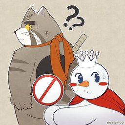 anthro bodily_fluids duo looking_at_viewer looking_back male no_symbol question_mark rear_view simple_background snowman sweat sweatdrop worried worried_look dowaku_01 mixue xue_wang_jiadao mixue_(character) tu_laoban felid feline mammal pallas's_cat 1:1 hi_res watermark