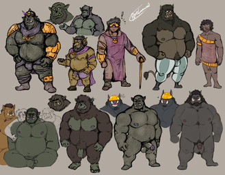 anthro balls beard belly bottomwear brown_body bulge circumcised clothing facial_hair flaccid foreskin genitals group humanoid_genitalia humanoid_hands humanoid_penis male moobs musclegut muscular nipples overweight overweight_male pants partially_retracted_foreskin penis simple_background sitting desertb0ar humanoid mammal orc suid suine sus_(pig) wild_boar 2021 hi_res