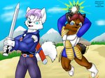 anthro armor black_nose blue_eyes brown_body brown_fur clothed clothing duo fur glowing hair male melee_weapon mountain open_mouth outside pink_hair red_hair sword sword_sheath weapon white_body white_fur furgeta dragon_ball dragon_ball_z gohan trunks_(dragon_ball) whitewolf canid canine canis fox hybrid mammal procyonid raccoon wolf 2009 4:3