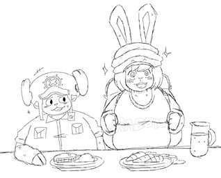 anthro antlers big_breasts black_eyes blush blush_lines blush_stickers bodily_fluids breasts clothing collared_shirt duo emanata excited eyebrows female food_on_plate furgonomic_headwear furgonomics hair hoof_hands horn jacket larger_anthro larger_female male open_mouth open_smile overweight overweight_anthro overweight_female overweight_male plate raised_eyebrow shirt shirt_pocket simple_background size_difference smaller_anthro smaller_male smile sparkles straps sweat sweatdrop t-shirt text topwear water white_background ultimadmt one_piece carrot_(one_piece) tony_tony_chopper deer lagomorph leporid mammal minkmen_(one_piece) new_world_deer rabbit reindeer 2026 english_text hi_res monochrome widescreen