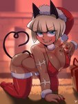 arm_markings blush blush_lines bob_cut breasts butt christmas_clothing christmas_headwear clothing collar colored_nails female hat headgear headwear holiday_dressed holidays leg_markings legwear markings nails nylon raised_tail santa_hat socks_(marking) solo stockings suggestive tail tongue tongue_out painting_fish christmas skullgirls nadia_fortune felid humanoid mammal 3:4 absurd_res hi_res