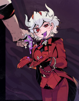 bodily_fluids clothed clothing duo female hair horn male not_furry poison red_eyes vomit vomiting white_hair idkuroi helltaker beelzebub_(helltaker) protagonist_(helltaker) demon demon_humanoid human humanoid mammal hi_res